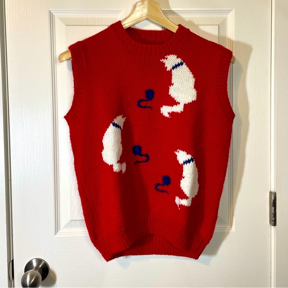 Vintage Sweaters - VTG homemade red crew neck knit sweater vest w/ white cats sz L (?)